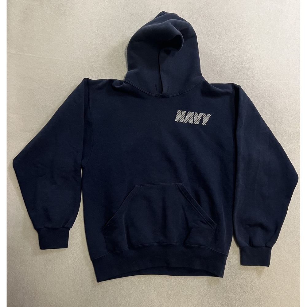 US Navy Hoodie Sweatshirt Mens Small Blue Fleece Pullover Reflective Made In USA
